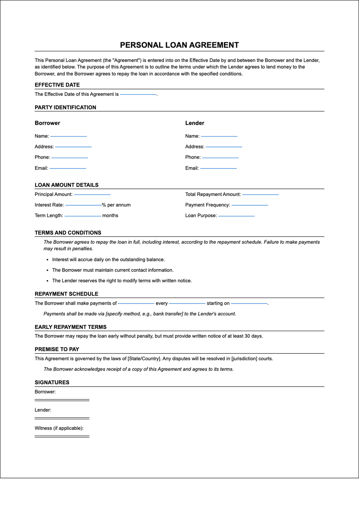 Personal loan agreement form with fillable fields_variant_2